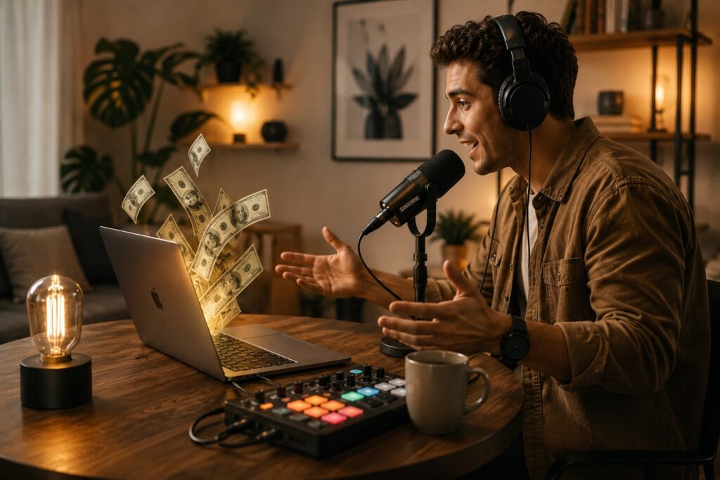 Internet radio host recording a podcast and monetizing content with digital audio advertising and online radio revenue in 2026