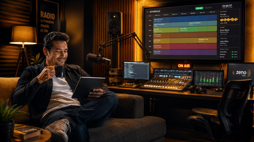 Radio broadcaster relaxing while an automated radio station runs using AutoDJ, LibreTime scheduling, and cloud radio automation tools.
