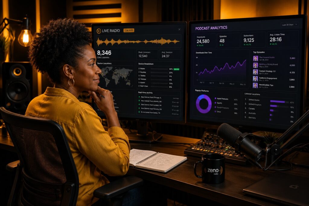 Content creator comparing live radio broadcasting and podcast analytics to determine the best format for brand growth.