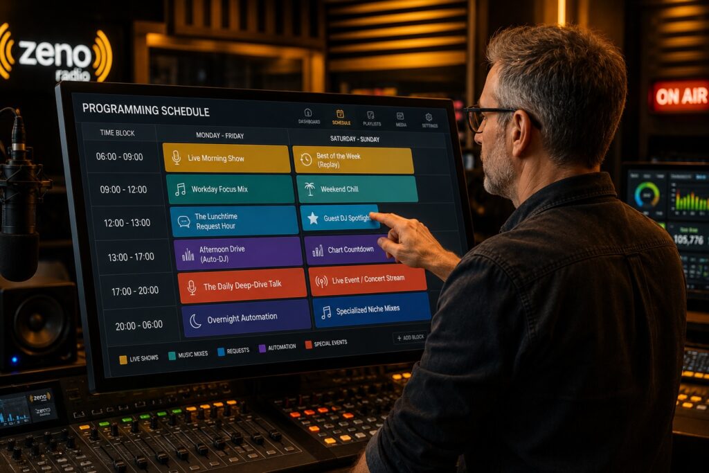 Radio broadcaster creating a 24/7 programming schedule on a touchscreen dashboard with content blocks, automation, and weekly radio planning.