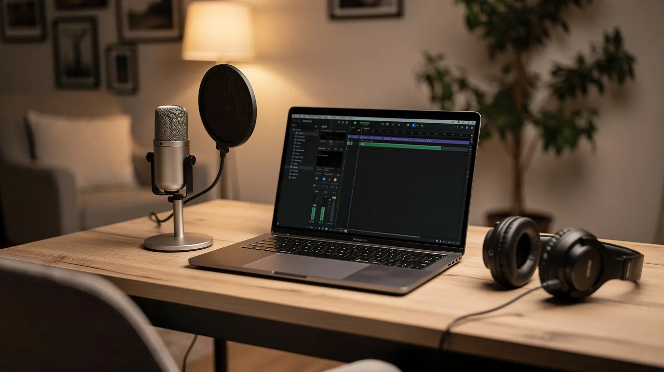 The image depicts a cozy home studio desk featuring a laptop, a microphone, and headphones, ideal for creating audio files and broadcasting. This setup is perfect for small stations and offers tools for voice tracking and smooth transitions in an internet radio environment.