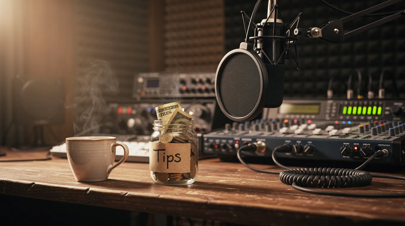 The image features a coffee cup and a small tip jar placed on a wooden desk, alongside various broadcasting equipment commonly used in radio stations. This setup reflects the environment where radio hosts might work to generate income through live broadcasts and engage with their most loyal listeners.