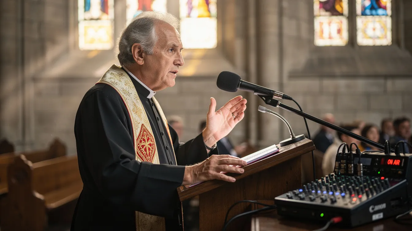 A Catholic priest in his early 60s, with grey hair and deep facial lines, stands at the ambo of a stone church, preaching to the congregation. He wears a black cassock and white clerical collar, with one hand on the lectern, which features a professional broadcast microphone, while stained glass windows illuminate the scene with warm light, creating a serene atmosphere for worship.