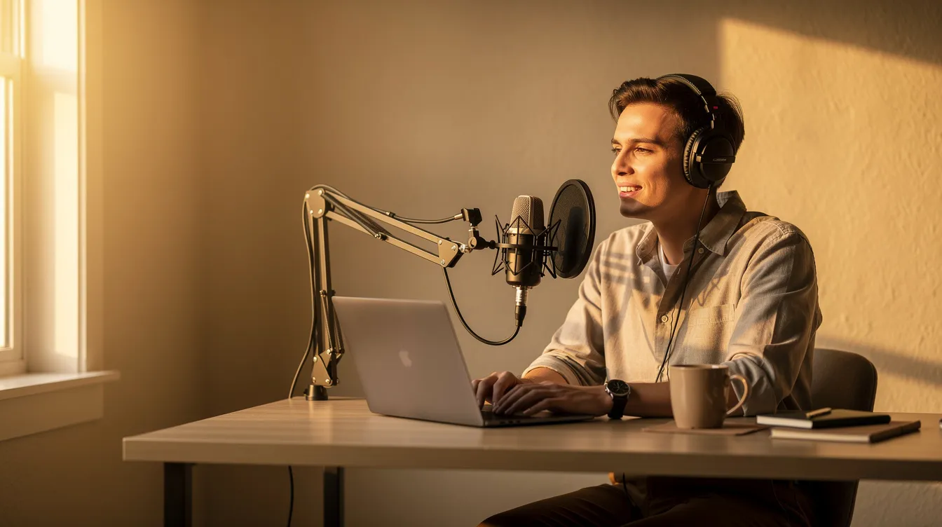 The image depicts a person sitting at a simple home desk, wearing headphones and speaking into a microphone, with warm natural light streaming in through a nearby window. This scene reflects a cozy and focused environment, ideal for discussions on big nonprofit ideas or strategies for fundraising growth.
