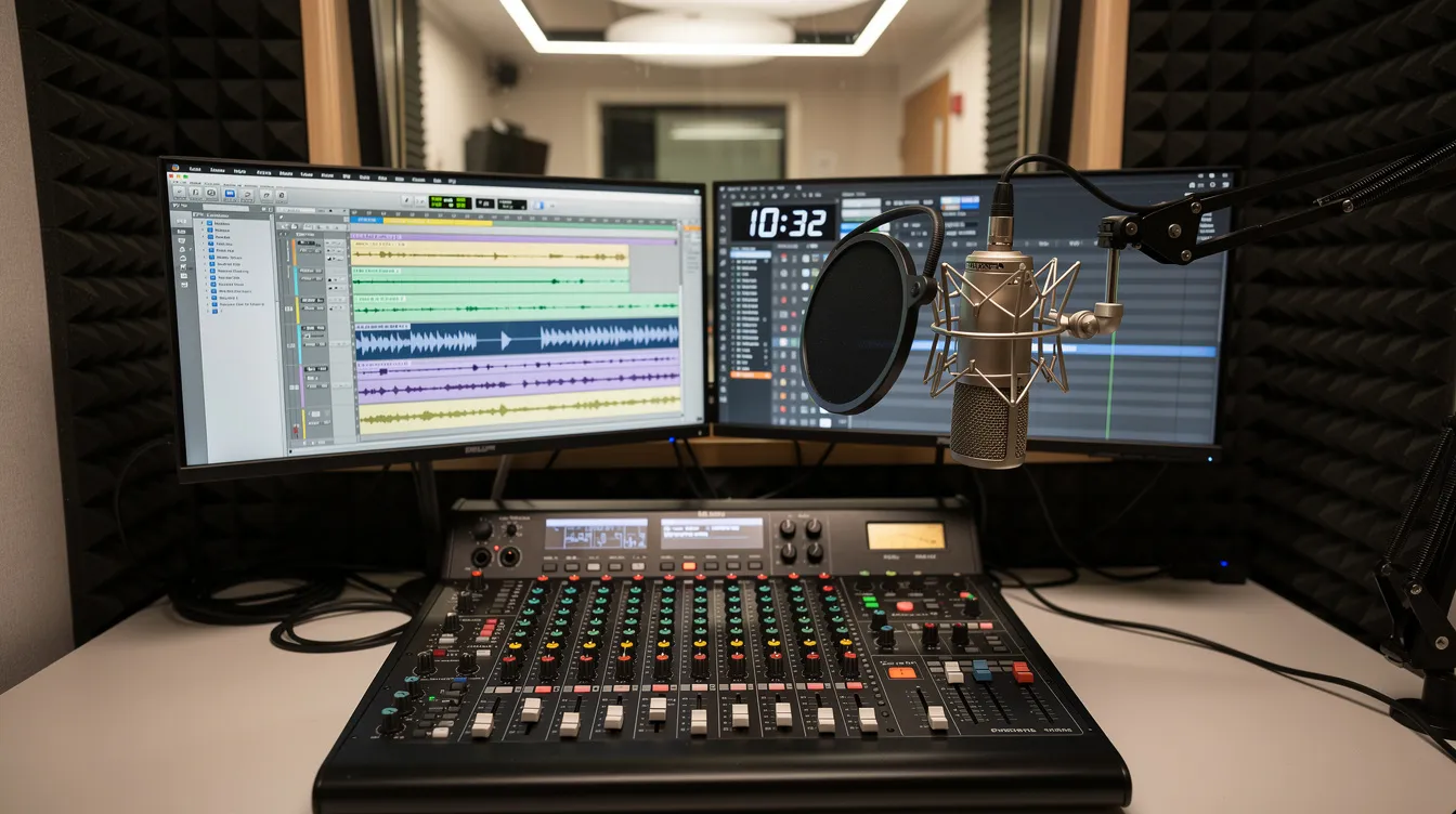 The image depicts a small radio studio featuring a professional microphone on a boom arm, a mixing console, and multiple monitor screens, ideal for live broadcasting and audio processing. This setup is perfect for an internet radio station, allowing for high-quality audio and effective management of playlists and tracks.