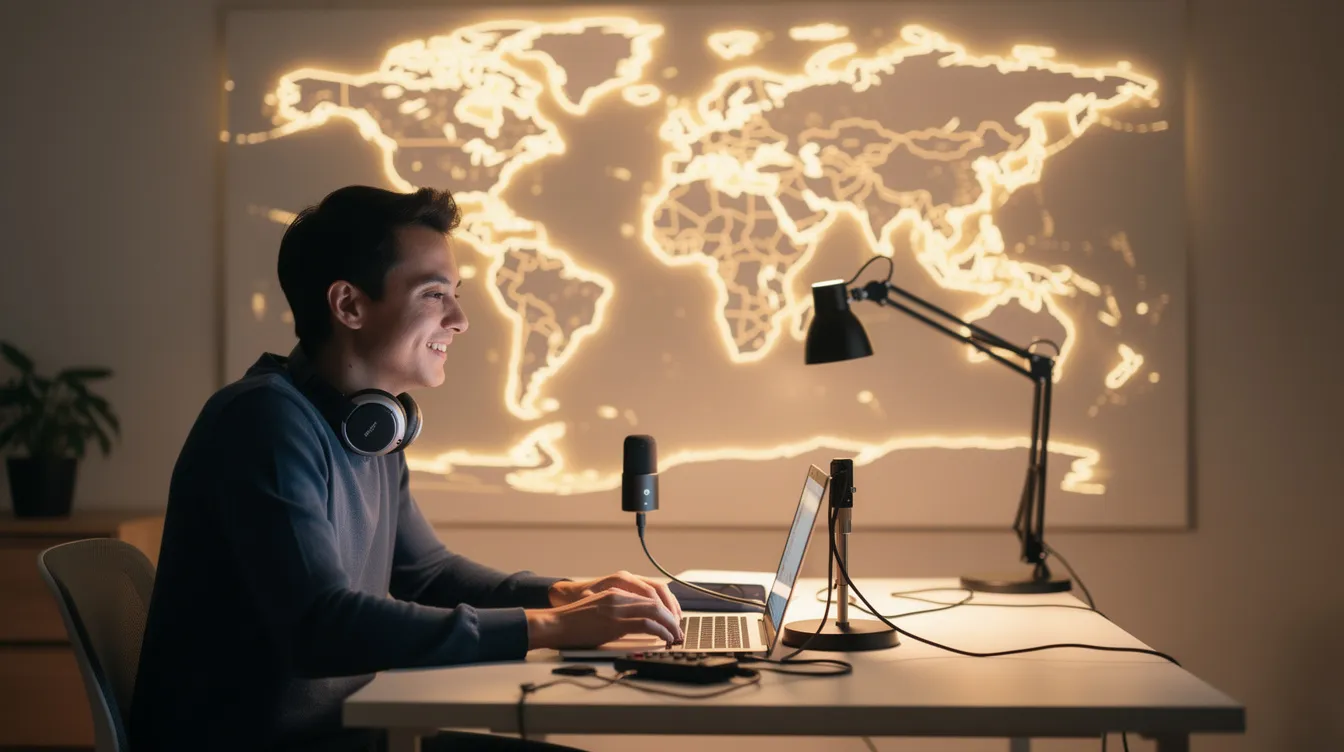 A person is seated at a simple home desk, using a laptop alongside a USB microphone and headphones to stream audio content. Behind them, a softly glowing world map adds a touch of ambiance, suggesting a connection to a huge variety of radio stations and podcasts from around the world.