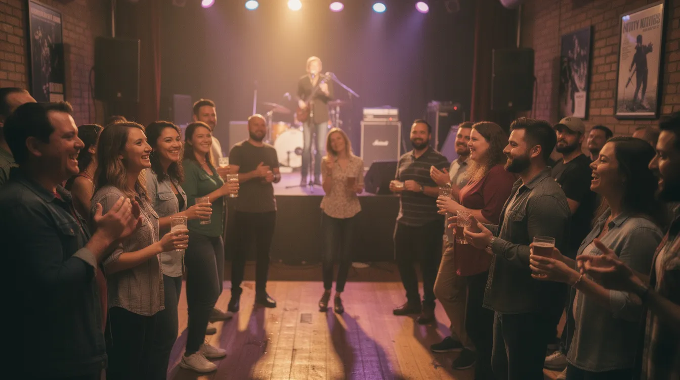 A lively crowd gathers in an intimate venue, enjoying a small live music event with local artists performing on stage. The atmosphere is filled with excitement as attendees connect over shared musical experiences, reminiscent of how community radio stations foster connections among their most loyal listeners.