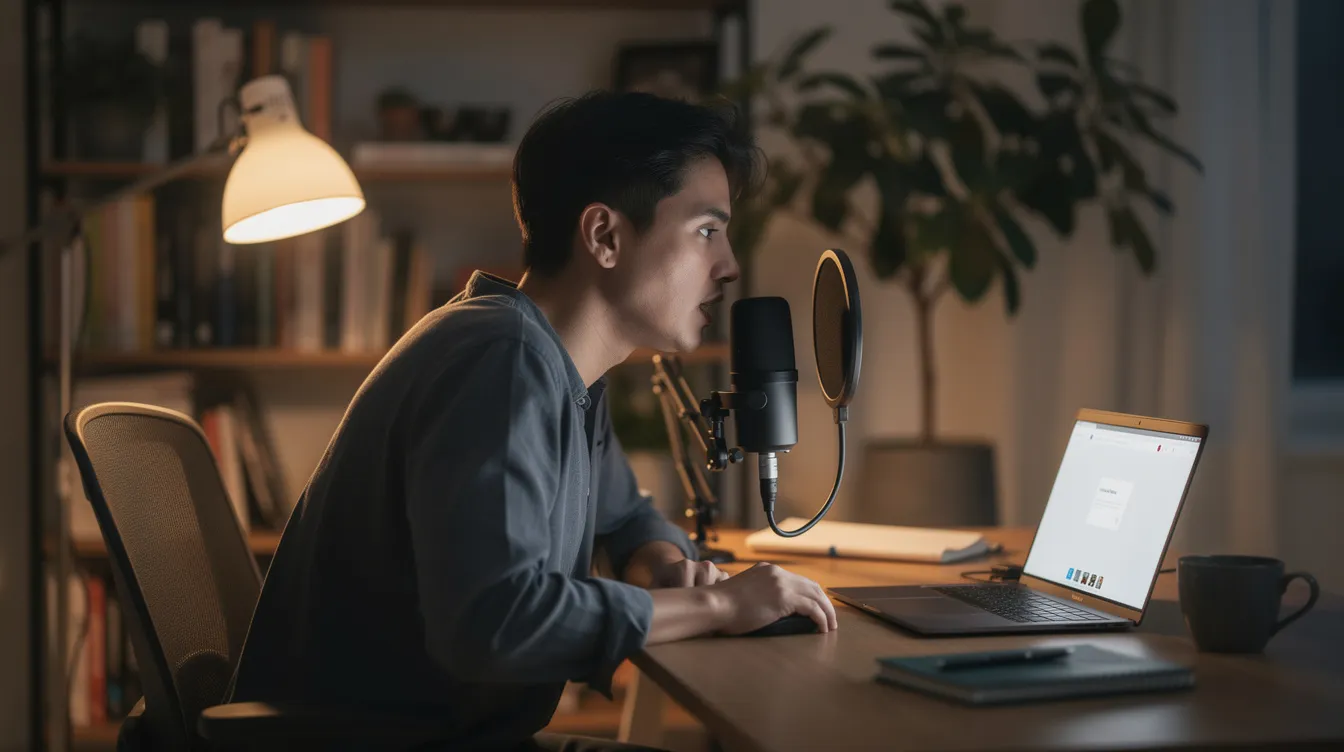 A person is speaking into a microphone at a home desk, with a laptop open beside them, likely engaged in voice tracking for an internet radio station. The setup suggests they are using radio automation software to manage audio files and broadcast to their audience.
